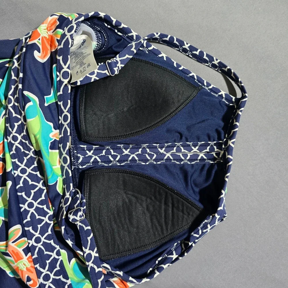 Lands End Tankini Top Womens 4 Navy Blue Floral Tropical High Neck Swimwear